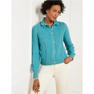 Talbots Aqua Cable Knit Ruffle Mock Neck Cardigan Cozy Sweater Size LP